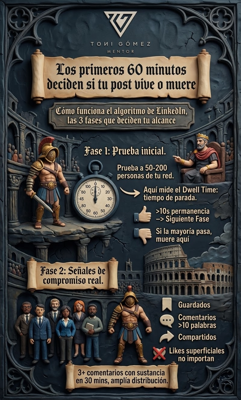 Domina los primeros 60 minutos en LinkedIn: dwell time, comentarios y guardados. Convierte alcance en leads B2B con prospección asistida por agentes de IA.